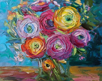 Impasto Ranunculus Flower Oil Painting: Palette Knife Floral Art, 8x8 by OlgaNikitinArt