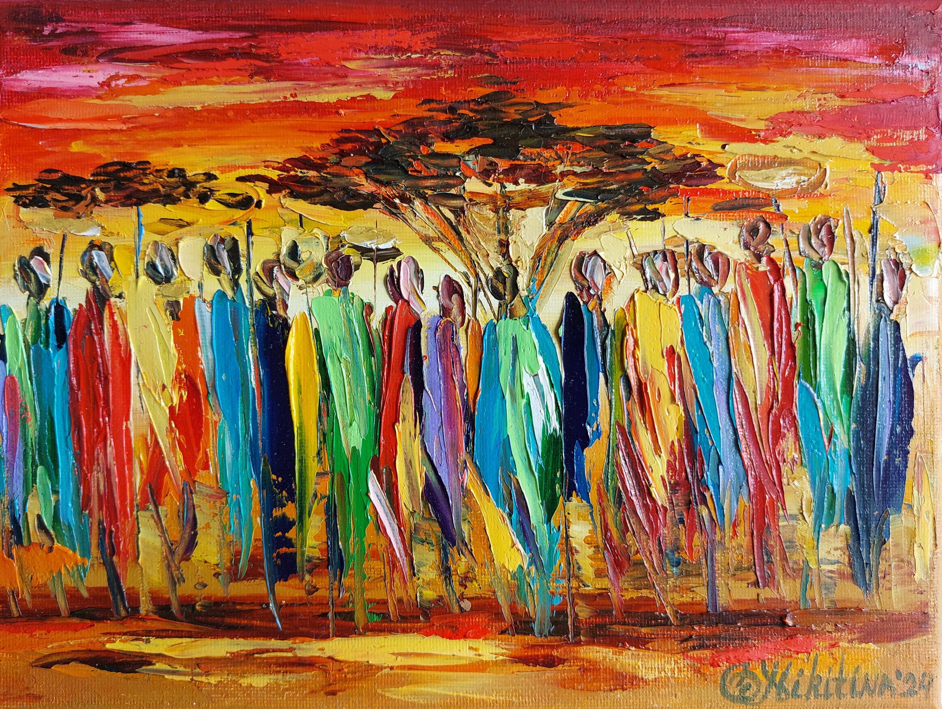 African Tribe Oil Painting: Maasai Landscape Impasto Art (7x9