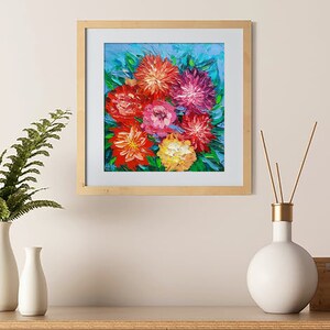 May include: Framed painting of a bouquet of colorful flowers, including red, pink, orange, and yellow, against a blue background.