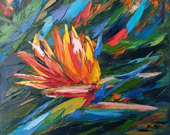 Bird of Paradise Painting Flowers Original Art Impasto Floral Art (8x8 inches)