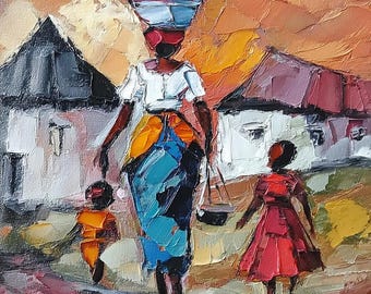 African Village Painting Oil Original Art: Impasto Palette Knife Art by OlgaNikitinArt