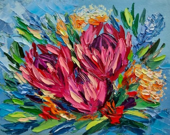 Original Protea Oil Painting South African Floral Impasto Art (8x12)