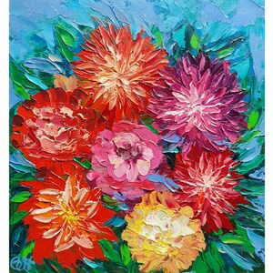 May include: A painting of a bouquet of colorful flowers with red, pink, yellow, and purple blooms. The flowers are painted in a textured style, giving the impression of brushstrokes.