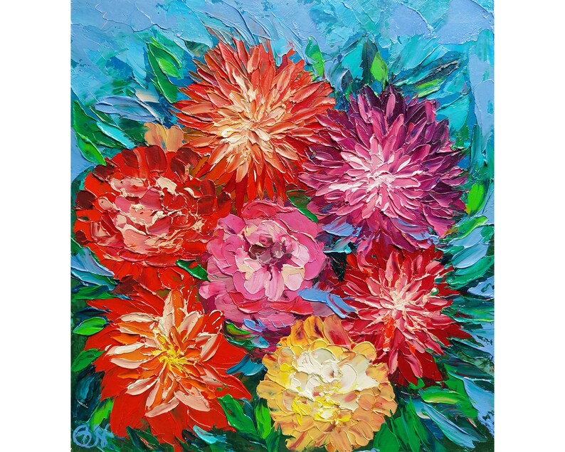 May include: A painting of a bouquet of colorful flowers with red, pink, yellow, and purple blooms. The flowers are painted in a textured style, giving the impression of brushstrokes.