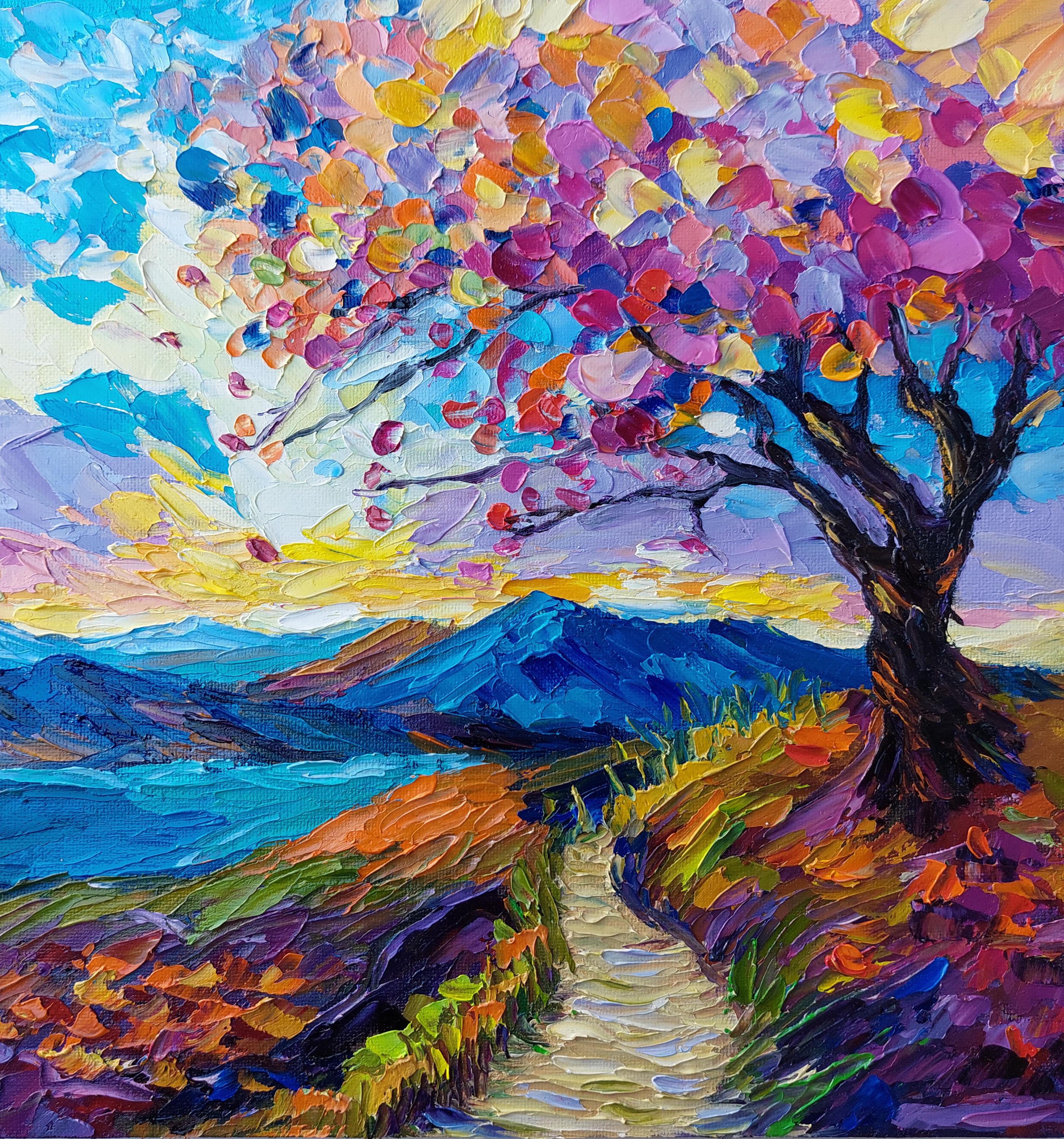 Blue Ridge Mountains Oil Painting: Impasto Palette Knife Art by