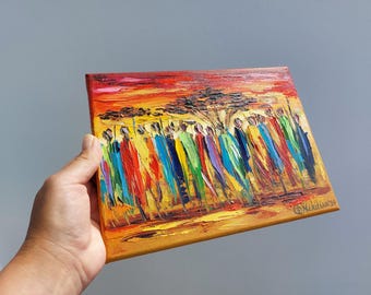 2076❣️ タイトル　(tribe) 油絵 African Tribe Oil Painting: Maasai Landscape Impasto Art (7x9