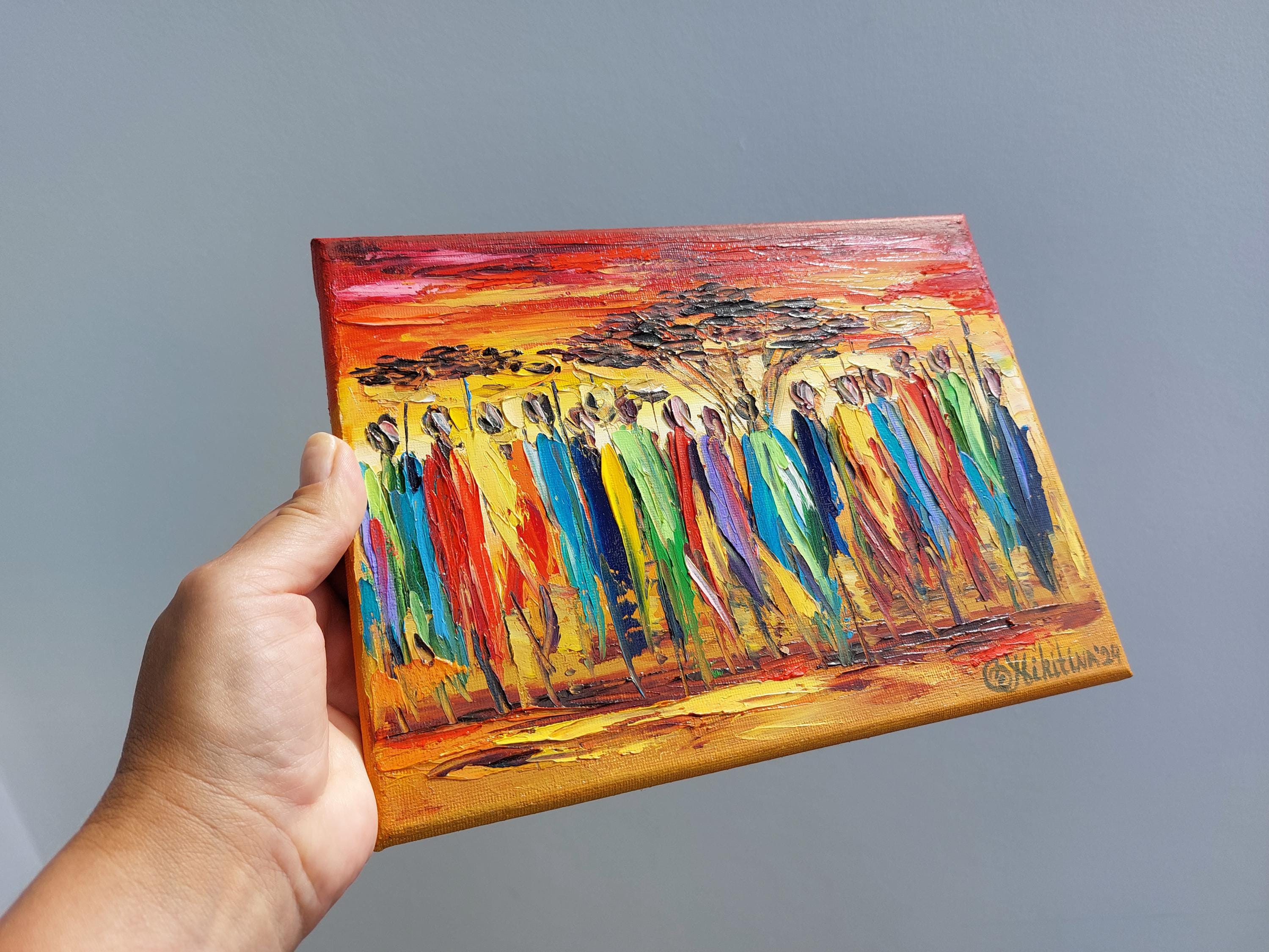 African Tribe Oil Painting: Maasai Landscape Impasto Art (7x9