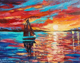 Sailboat Painting Sunset Seascape Impasto Ocean Art Original by OlgaNikitinArt