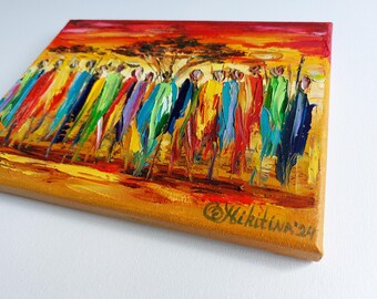African Tribe Oil Painting: Maasai Landscape Impasto Art (7x9