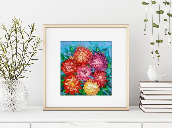 Dahlia Oil Painting: Impasto Floral Art, Palette Knife Artwork (8x8)