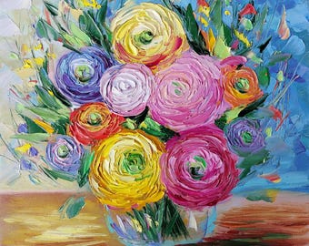 Ranunculus Painting Floral Oil Art  Original Impasto Palette Knife Art by OlgaNikitinArt