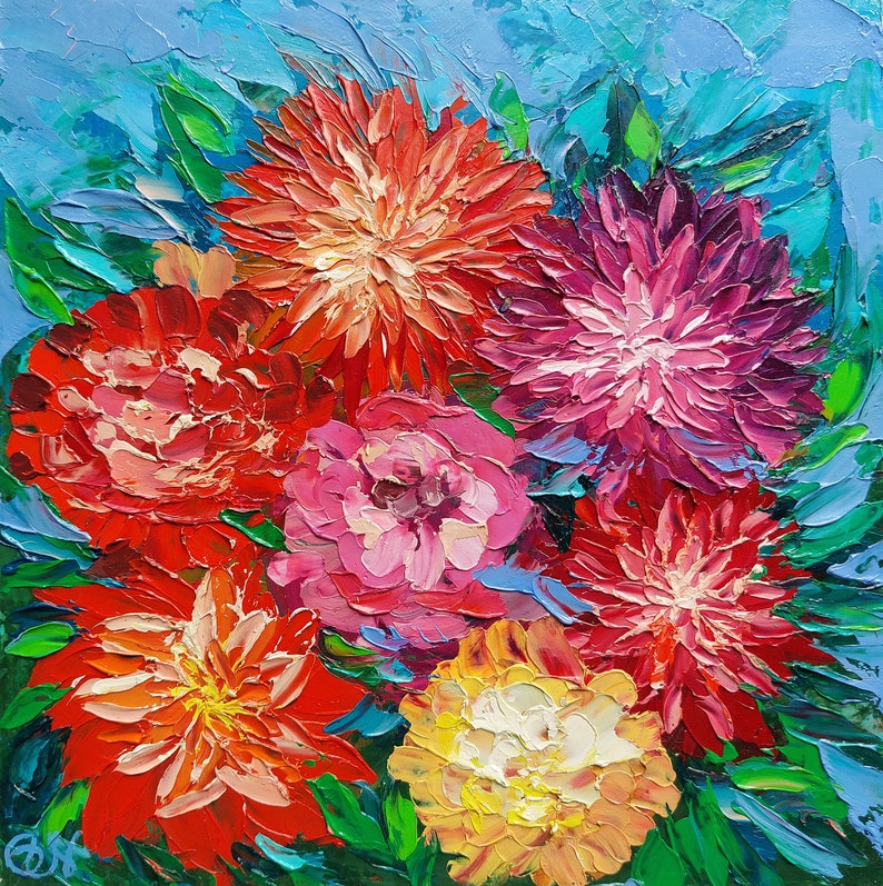 May include: A vibrant oil painting featuring a bouquet of colorful flowers. The flowers are arranged in a loose, natural style, with a variety of colors and textures. The background is a soft blue, which helps to highlight the beauty of the flowers.
