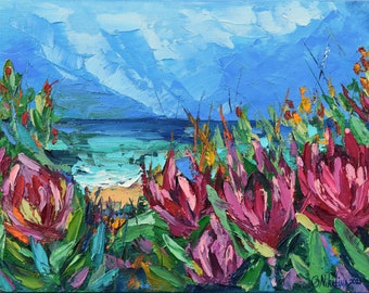 Protea Flowers Impasto Oil Painting, South Africa Landscape Art
