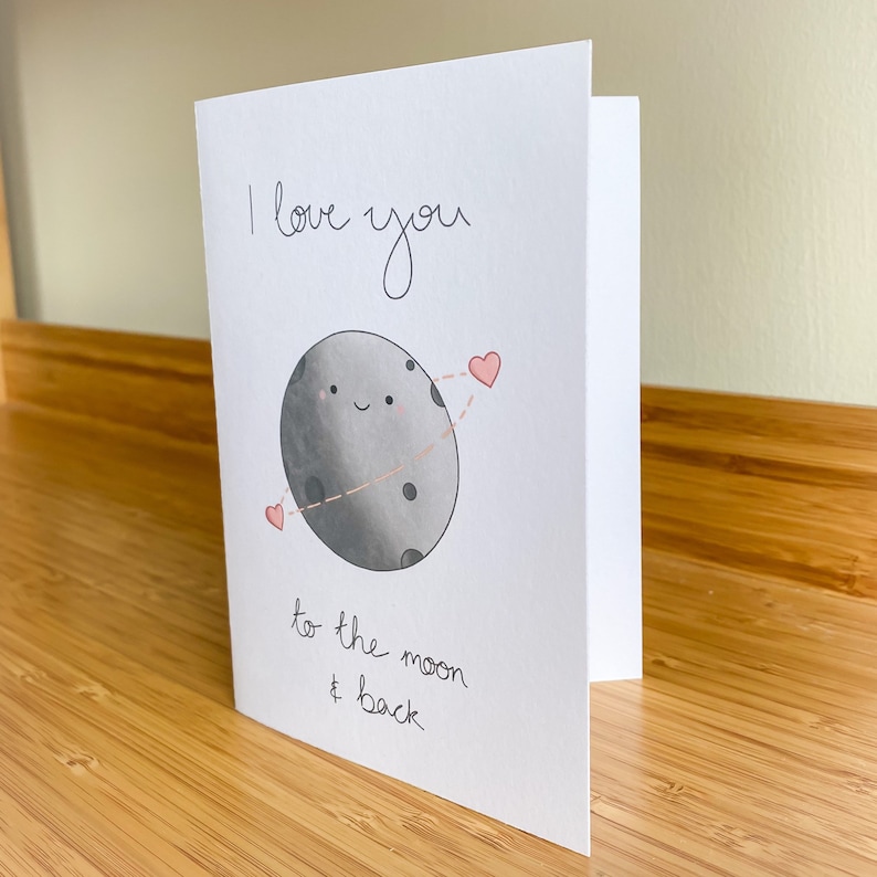 Handmade Eco Friendly Recycled Cards Puns Retro Love Valentines Cosmology Astrology Anniversary I Love You To The Moon And Back