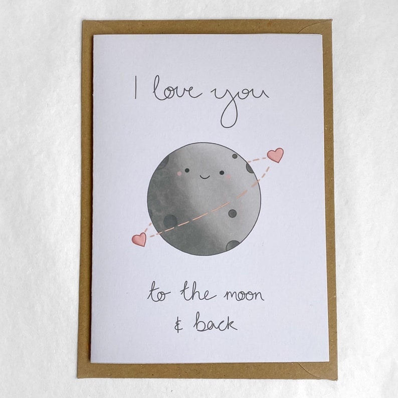 Handmade Eco Friendly Recycled Cards Puns Retro Love Valentines Cosmology Astrology Anniversary I Love You To The Moon And Back
