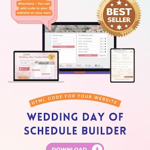 May include: A digital wedding day schedule builder displayed on a laptop, tablet, and computer screen. The image includes the text "Wedding Day of Schedule Builder" and "Download". A "Best Seller" badge is also visible.