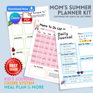 Puede incluir: Un conjunto de páginas de planificador imprimibles en tonos azules y rosas. Incluye un diario diario, una lista de tareas y un sistema de tareas. El texto incluye "Mom's Summer Planner Kit" y "Kid's Journal Chore System Meal Plan & More."