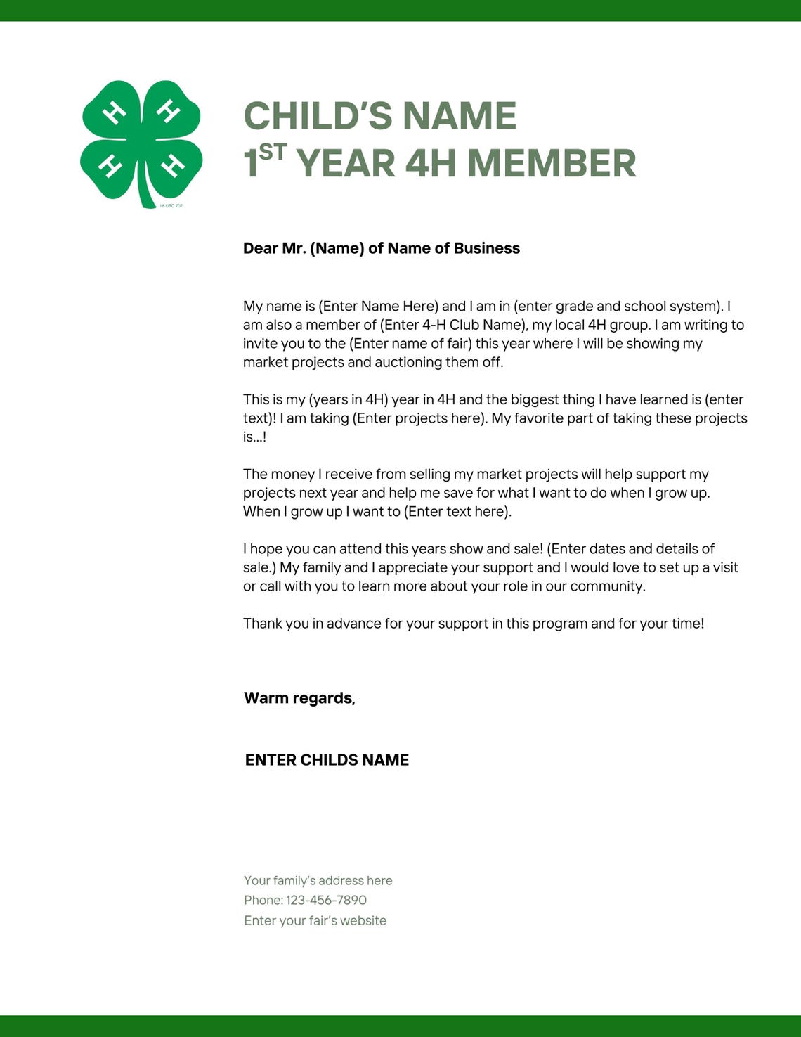 4H Buyers Letter Template for Market Project Auction Custom Editable