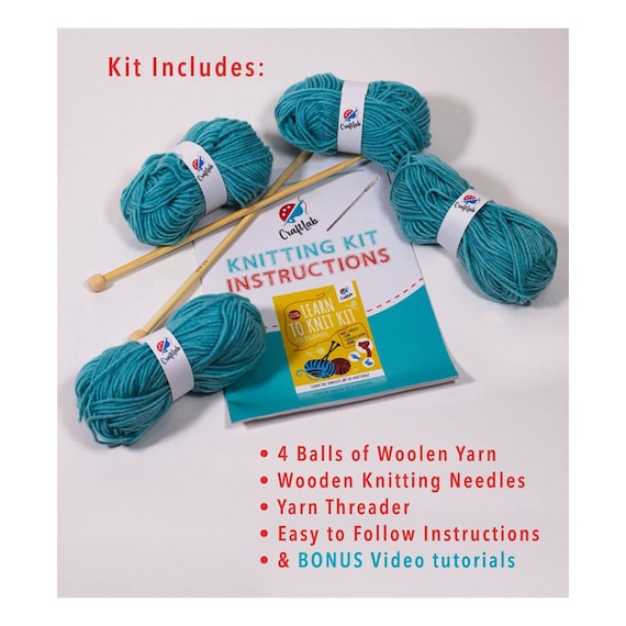 Knitting Kit for Beginners, Kids and Adults Includes All Knitting Supplies:  Wool Yarn, Wooden Knitting Needles, Yarn Needle and Instructions 