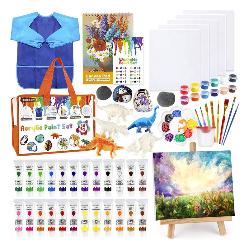 Kids Paint Set 55pcs Acrylic Paint Set With Rock Painting Set , Dinosaur Painting  Kit for Kids Crafts & Kids Arts Set 
