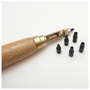 6-Piece Adjustable Leather Hole Punch Kit - Brass Tips & Wood Handle For Belts, Crafting, Bookbinding