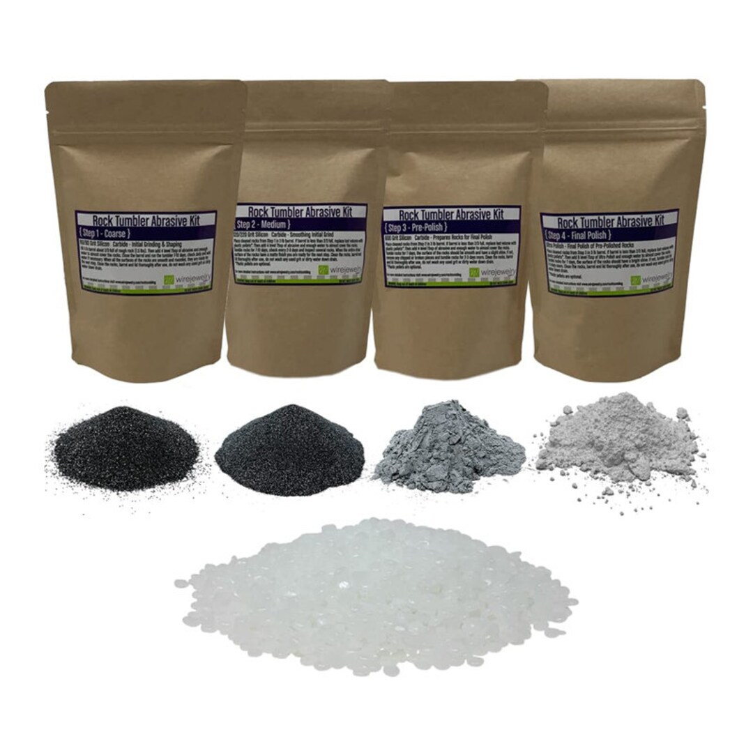 4 Step Rock Tumbler Abrasive Grit and Polish Kit With Plastic Filler