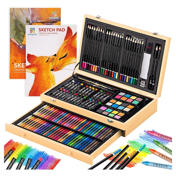 Art Supplies, 185-Piece Super Deluxe Wooden Art Set Crafts Drawing Kit with  2 Sketch Pads, Crayons, Oil Pastels, Colored Pencils, Watercolor Cakes