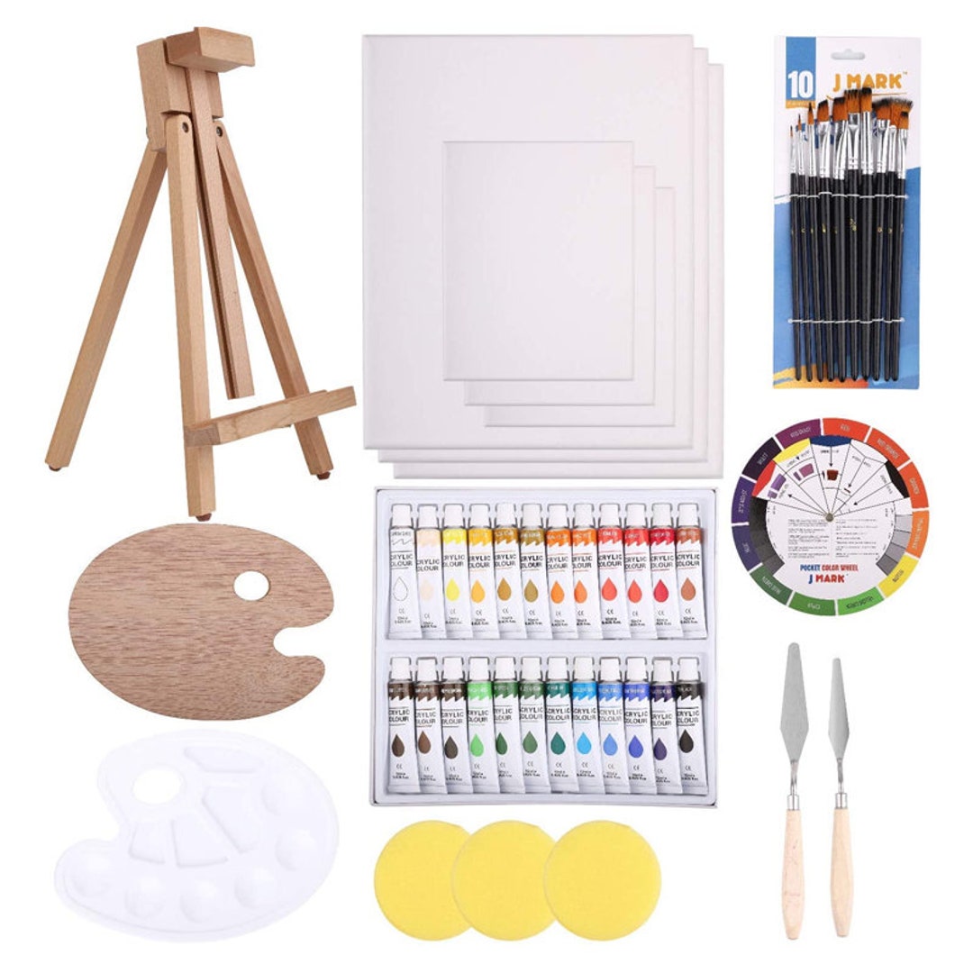 48pc Deluxe Painting Kits for Adults Includes Adjustable Wood Easels, 10 Brushes Set, 24 Acrylic