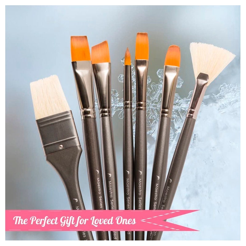 15 Long Art Paint Brushes Set for Watercolor, Acrylic, Oil & Face Painting  With Hot Pink Travel Holder. 