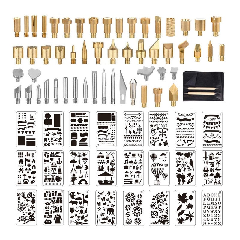 UWIOFF 77 Pcs Wood Burning Accessories, Wood Burning Tips Set and Stencils  Carving Iron Tip, 53pcs Wood Burning Carving Embossing Soldering Tips and