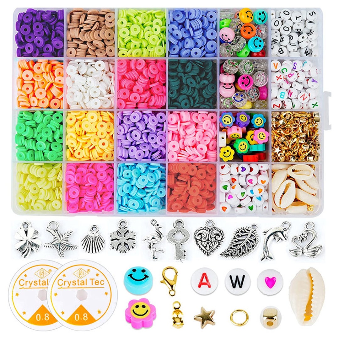 7200 Pcs Clay Beads Bracelet Making Kit, 24 Colors Flat Round Polymer Clay  Beads with Letter Beads Smiley Face Beads and Pendant Charms for Jewelry