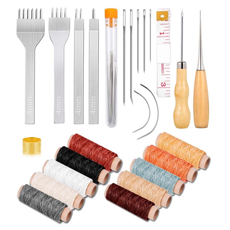 13 pcs Leather Tools Craft DIY Stitching Kit Waxed Thread Cords, Needles,  Stitching Awls, Sewing Piercing Tool, Thimble