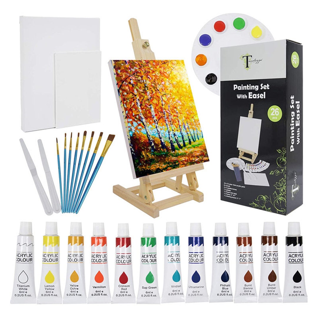 26 Pcs Acrylic Painting Supplies Kit, 17 Beech Wood Table Easel, 12 Non  Toxic Washable Paints, 8 X 10 Stretched Canvas 
