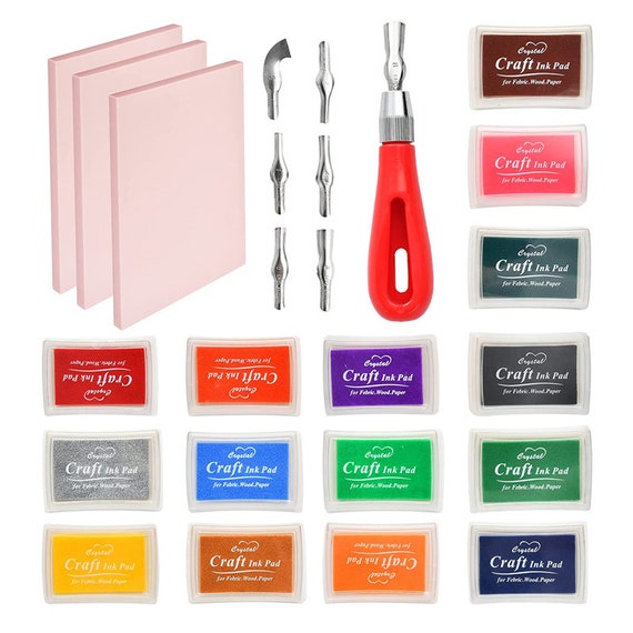 Stamp Carving Kit, Rubber Block Stamp Carving Blocks Stamp Making Kit With  15 Stamp Ink Pads 