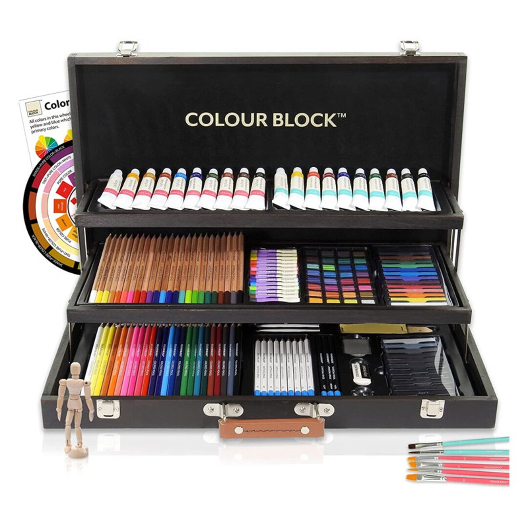 181 Pc Mixed Media Art Set in Wooden Case Soft Oil Pastels, Acrylic