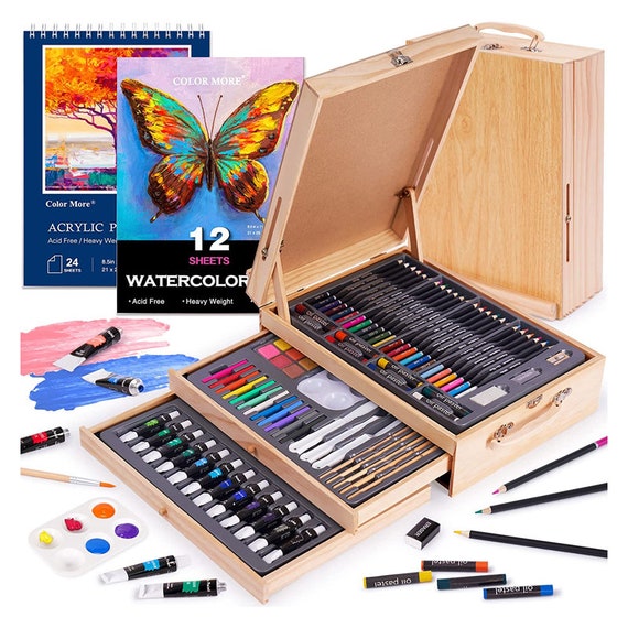 85 Piece Deluxe Wooden Art Set Crafts Drawing Painting Kit With Easel and 2  Drawing Pads, Creative Gift Box Forteens Adults Artist Beginners 