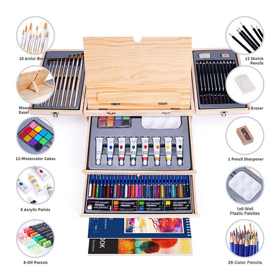 85 Piece Deluxe Wooden Art Set Crafts Drawing Painting Kit With Easel and 2  Drawing Pads, Creative Gift Box Forteens Adults Artist Beginners 