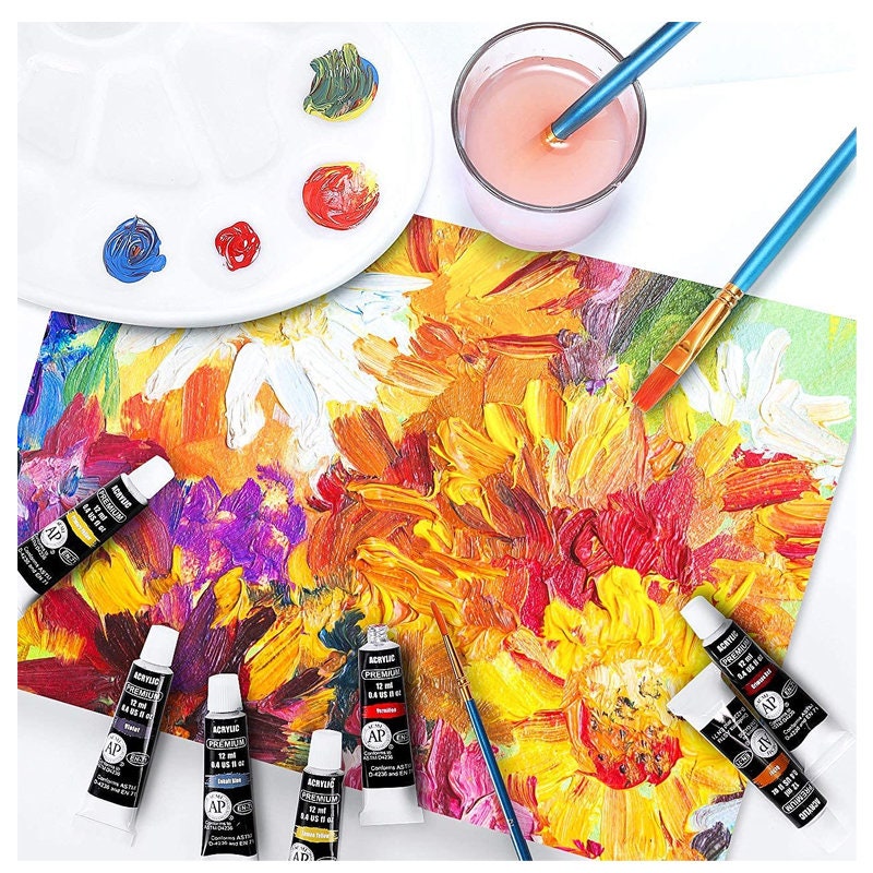 Acrylic Painting Set with 1 Packs / 10 PCS Nylon Hair Brushes 12 Color  Tubes (12ml, 0.4 oz) 1 PCS Paint Plate and 4 PCS Canvas for Acrylic Painting  Artist Professional Kits