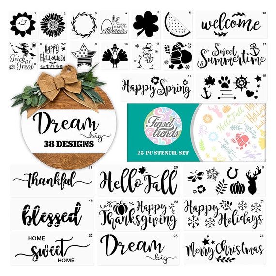 25 Pcs Reusable Stencils for Painting on Wood Canvas Welcome Sign Easter  Spring Stencil Wood Burning Template Calligraphy Large Small 