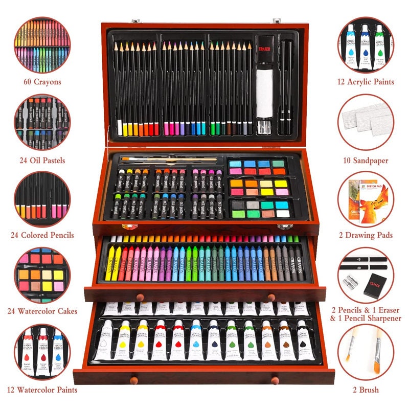 WALNUTA 123 Pcs Art Set in Wooden Case Painting Drawing Kit Crayons Oil  Pastels Colored Pencils Markers Brushes Acrylic Paints