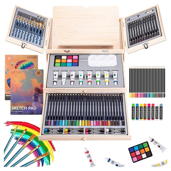 Deluxe Art Kit in Portable Wooden Case With Colored Pencils