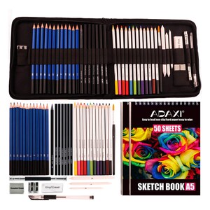 43 colored pencil sets, two sketchbooks with 50 pages, black