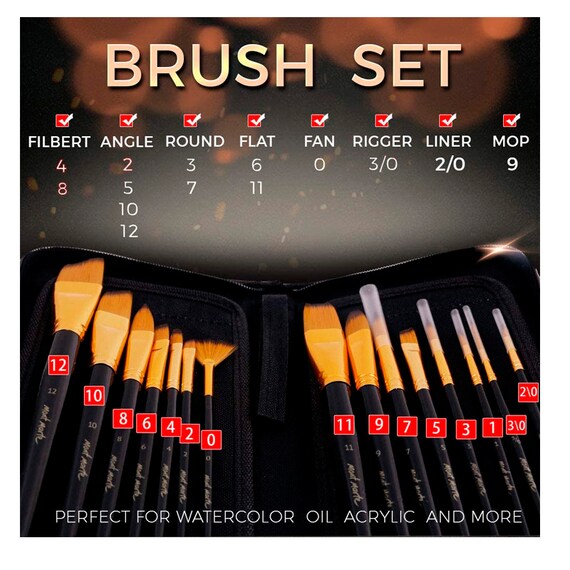  Mont Marte Art Paint Brushes Set, Great for Watercolor,  Acrylic, Oil-15 Different Sizes Nice Gift for Artists, Adults & Kids