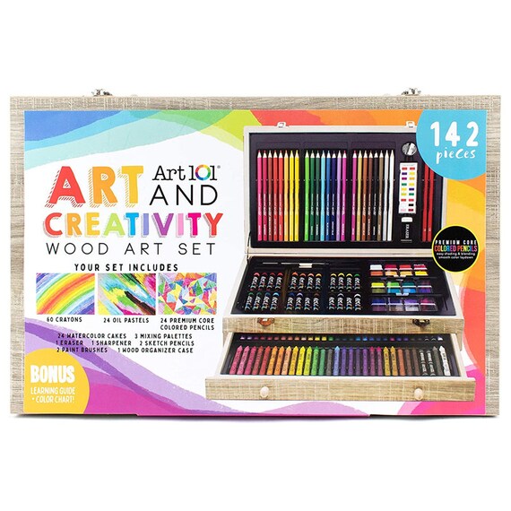 Art 101 Doodle and Color 142 Piece Art Set in A Wood Carrying Case, Grey Wash