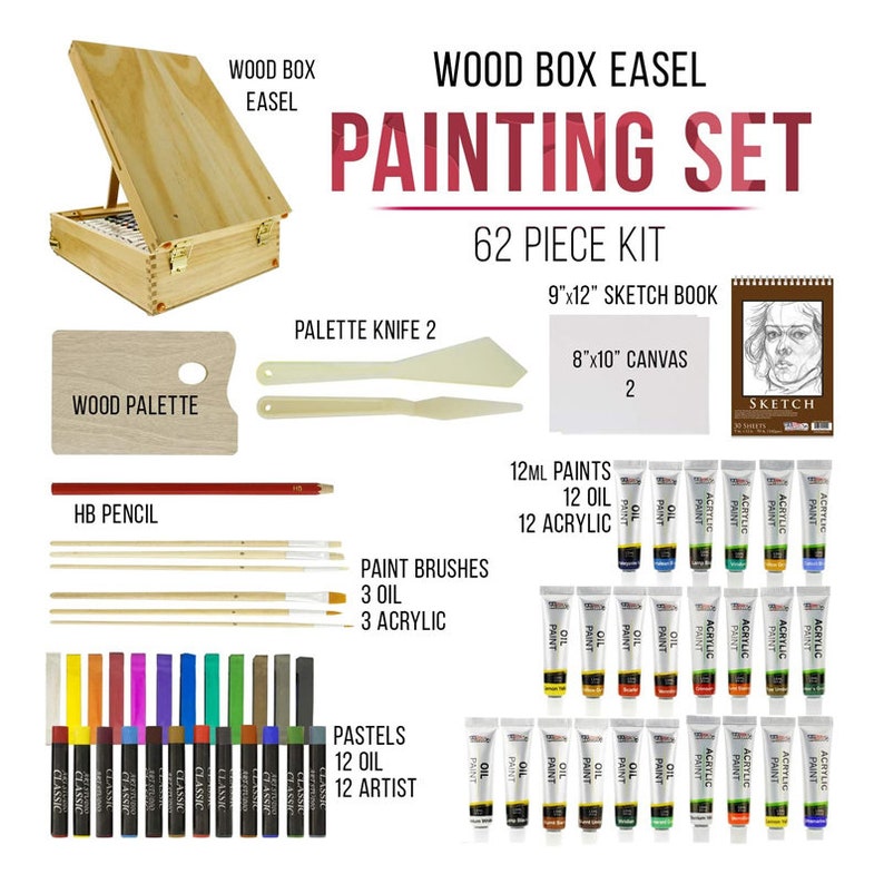 62piece Wood Box Easel Painting Set Box Easel Acrylic & Oil Etsy
