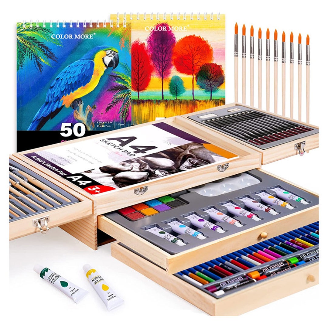 Art Supplies, 150-pack Wooden Art Set Crafts Drawing Painting Kit With 1  Coloring Book, 2 Sketch Pads, Creative Gift Box for Adults Artist 