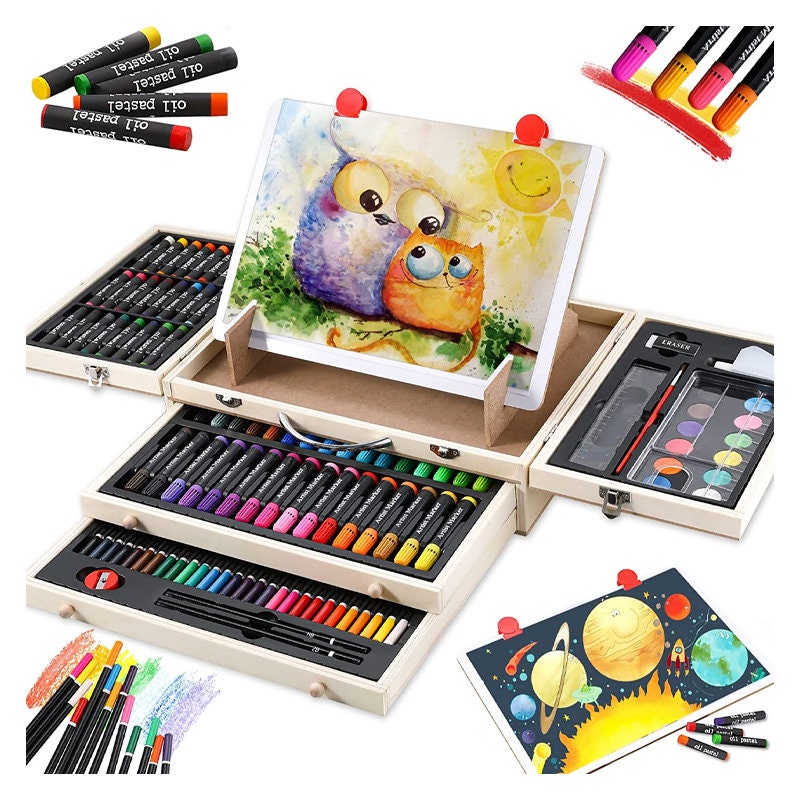 Art Supplies, Deluxe Kids Art Set with Drawing Easel, Crafts Kit in  Portable Wooden Case, Oil Pastels, Colored Pencils, Watercolor Cakes,  Sketch