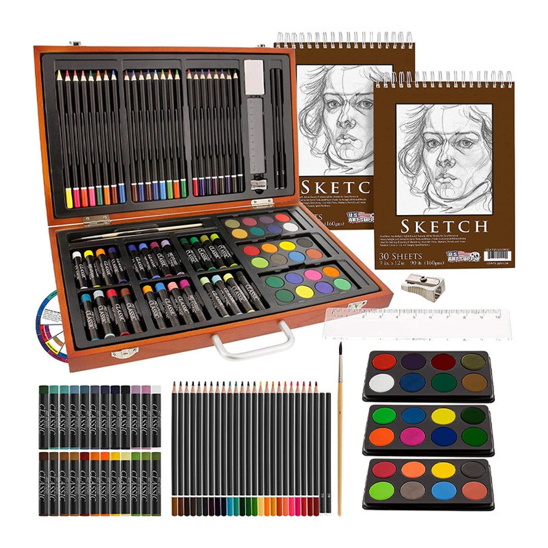 US Art Supply 82-Piece Deluxe Artist Studio Creativity Set Wood Box Case -  Art Painting, Sketching Drawing Set, 24 Watercolor Paint Colors, 24 Oil