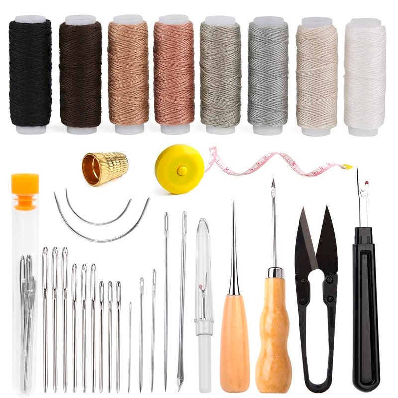 Leather Sewing Kit,31 PCS Leather Sewing Craft Tool,Upholstery Repair  Kit,with Curved Needle,Leather Sewing Kit, Upholstery Thread Cord, Tape  Measure