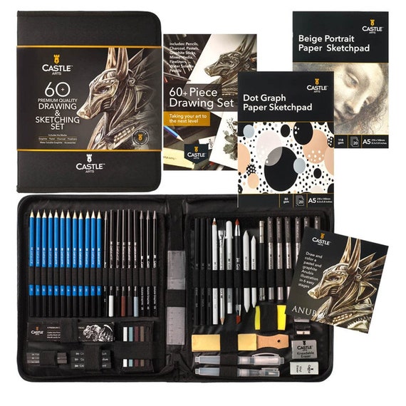 60 Piece Drawing & Sketching Set Quality Graphite Charcoal 